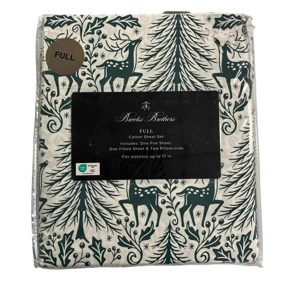 Brooks Brothers‎ Full Sheet Set Holiday Christmas White Green Reindeer Print New